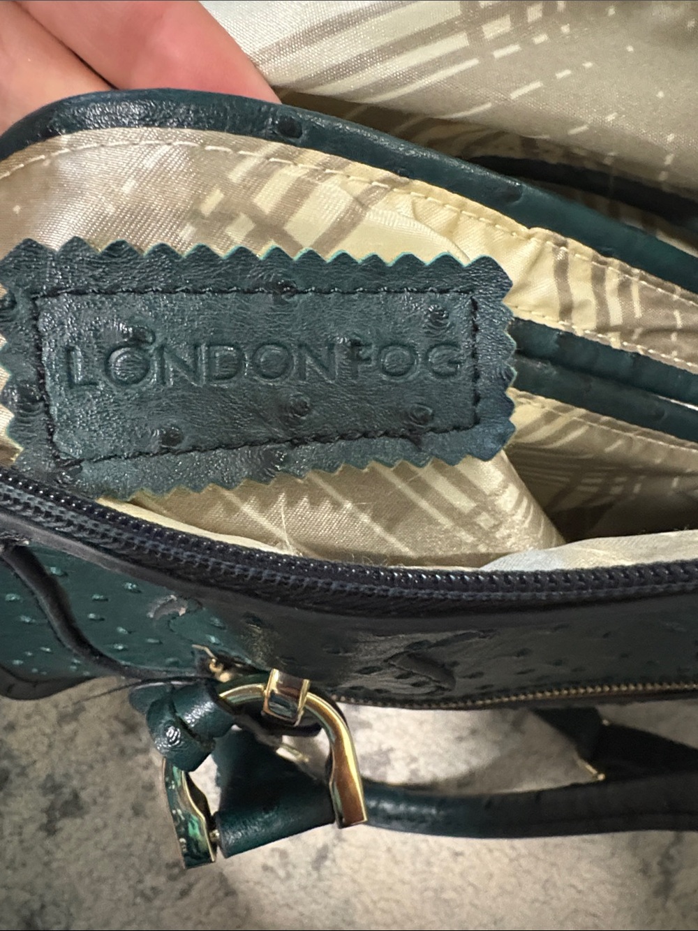 London Fog Dark Green Ostrich-Embossed Simulated Leather Satchel Handbag - Picture 6 of 12